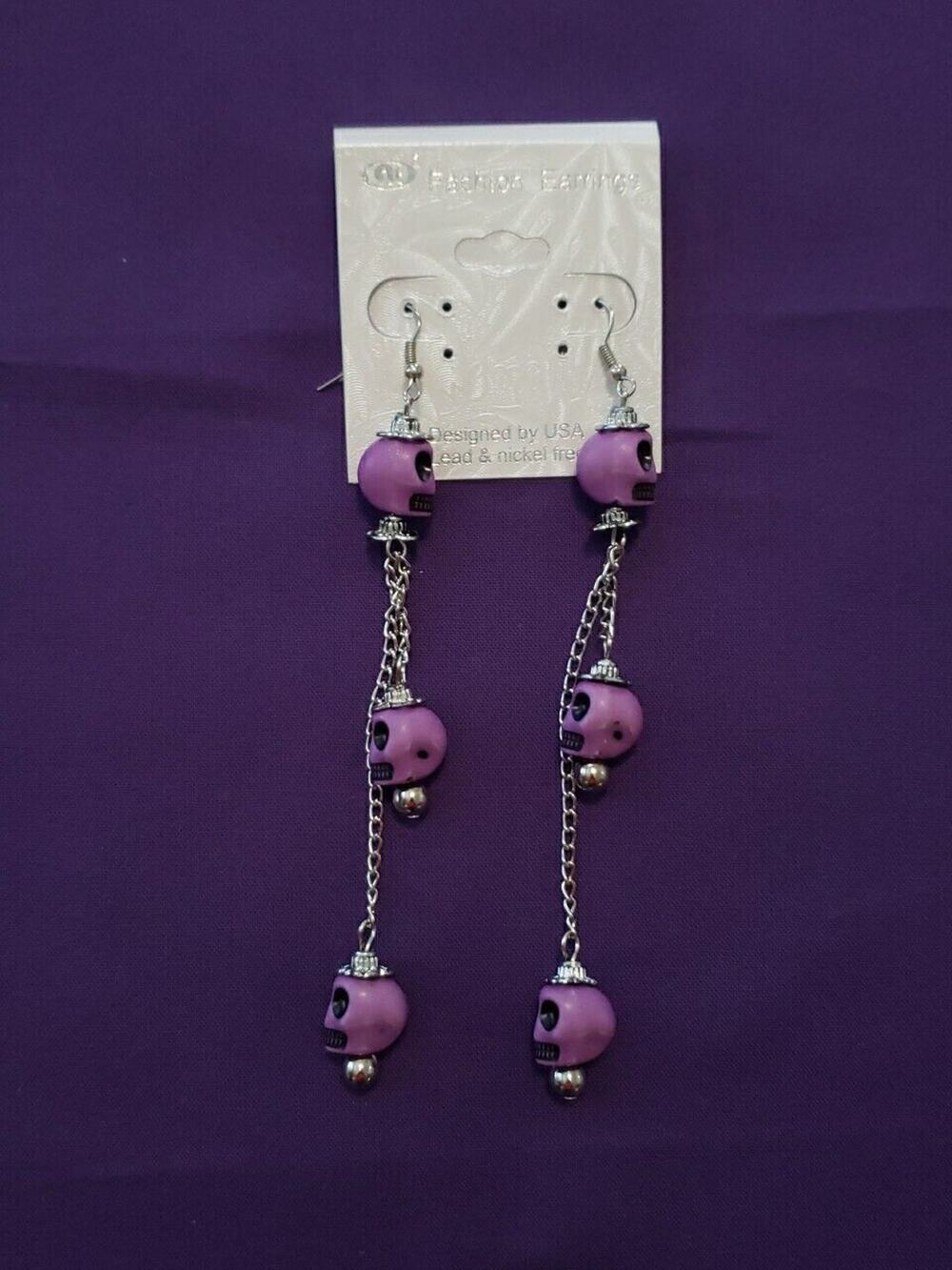 Purple Skull Long Dangle Drop Earrings Bikercore Punkcore Rocker Goth Boho
